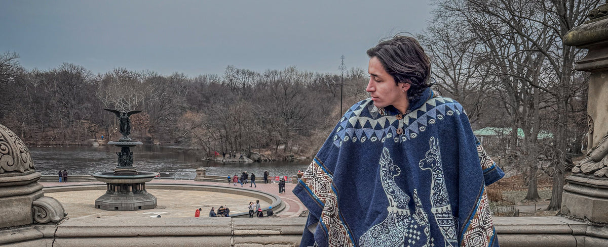 Persona con el poncho Llamas en una terraza de Central Park, Nueva York