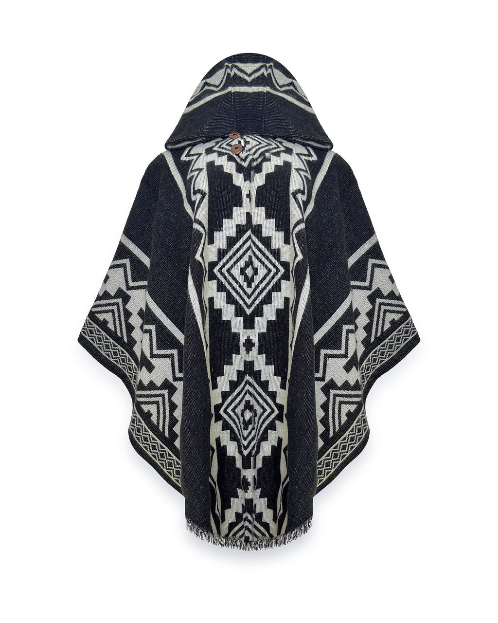 Poncho Chimborazo negro con rombos escalonados crema, capucha y flecos cortos, visto de frente