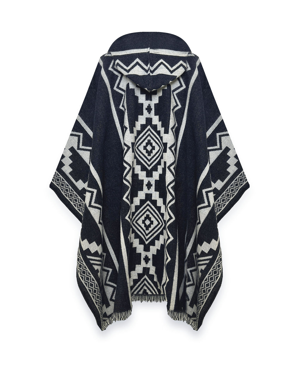 Poncho Chimborazo visto de espalda, con capucha y rombos escalonados crema sobre negro