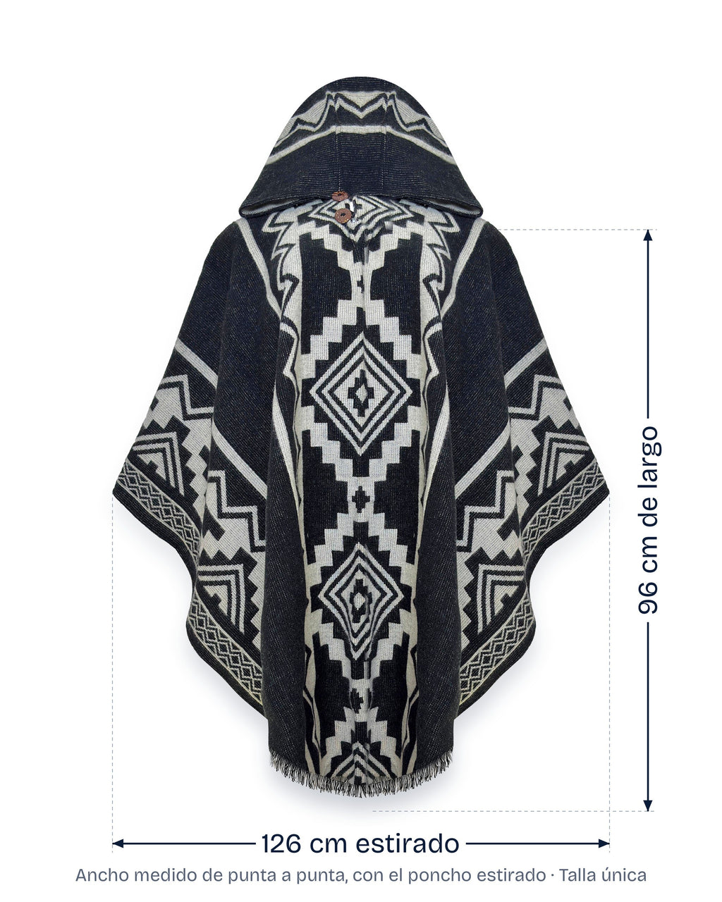 Poncho Chimborazo negro y crema con medidas indicadas: 96 cm de largo y 126 cm de ancho estirado