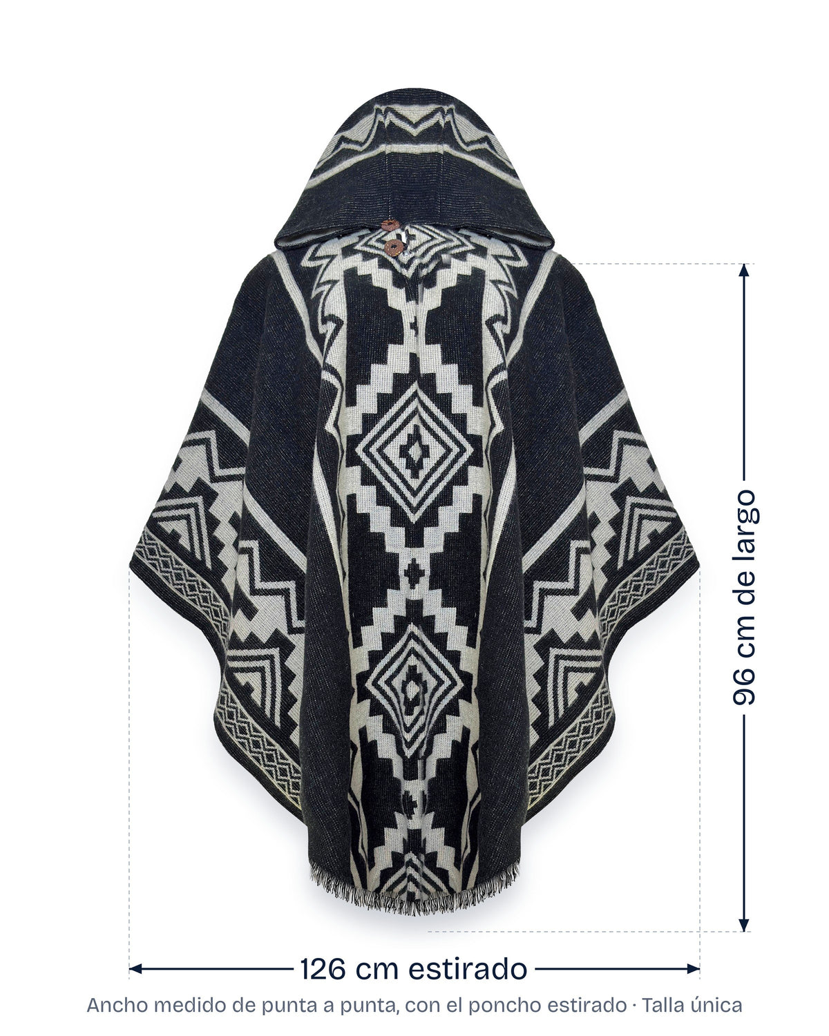 Poncho Chimborazo negro y crema con medidas indicadas: 96 cm de largo y 126 cm de ancho estirado