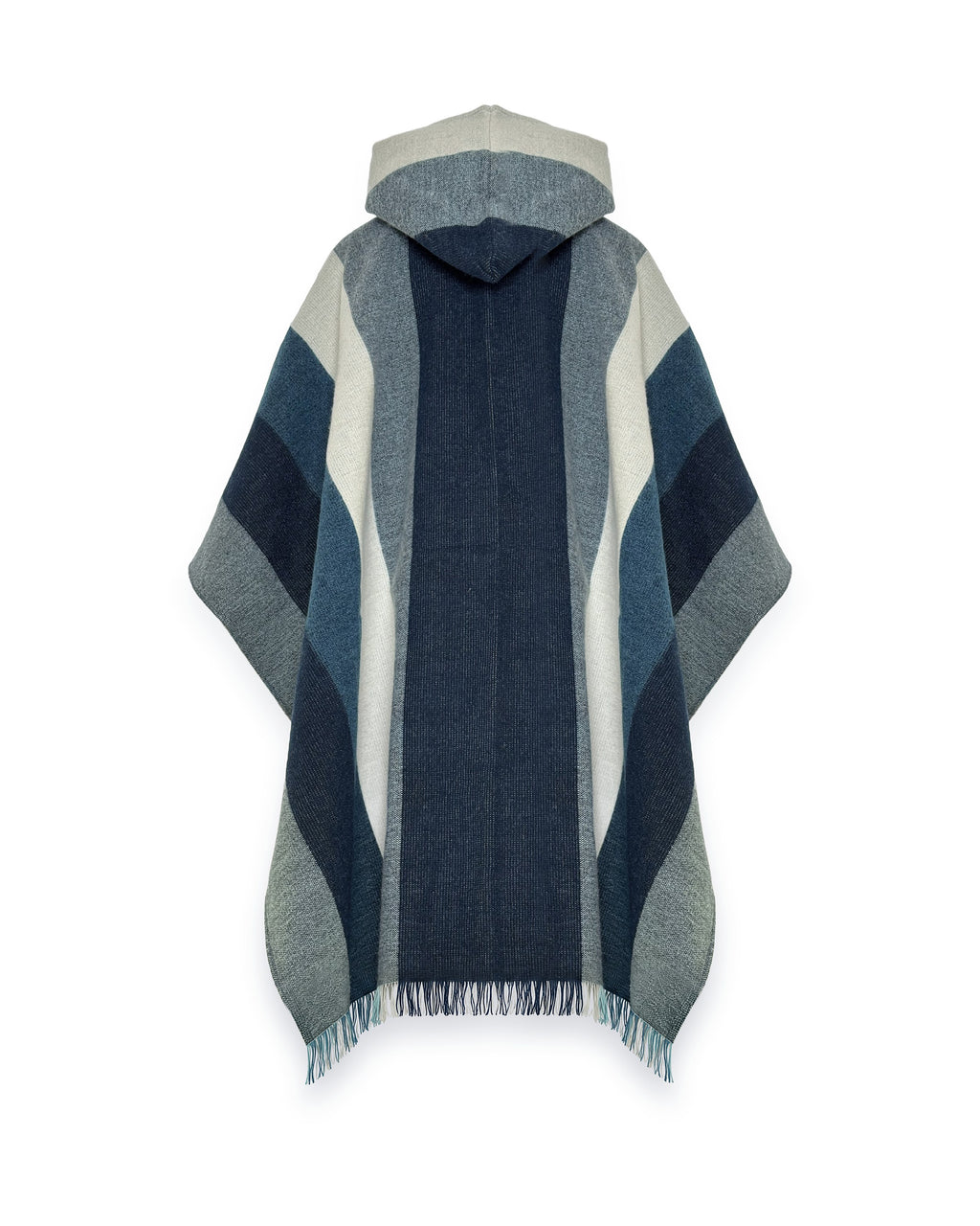 Poncho Cuicocha visto de espalda, con capucha y franjas anchas azul marino, grises y crema