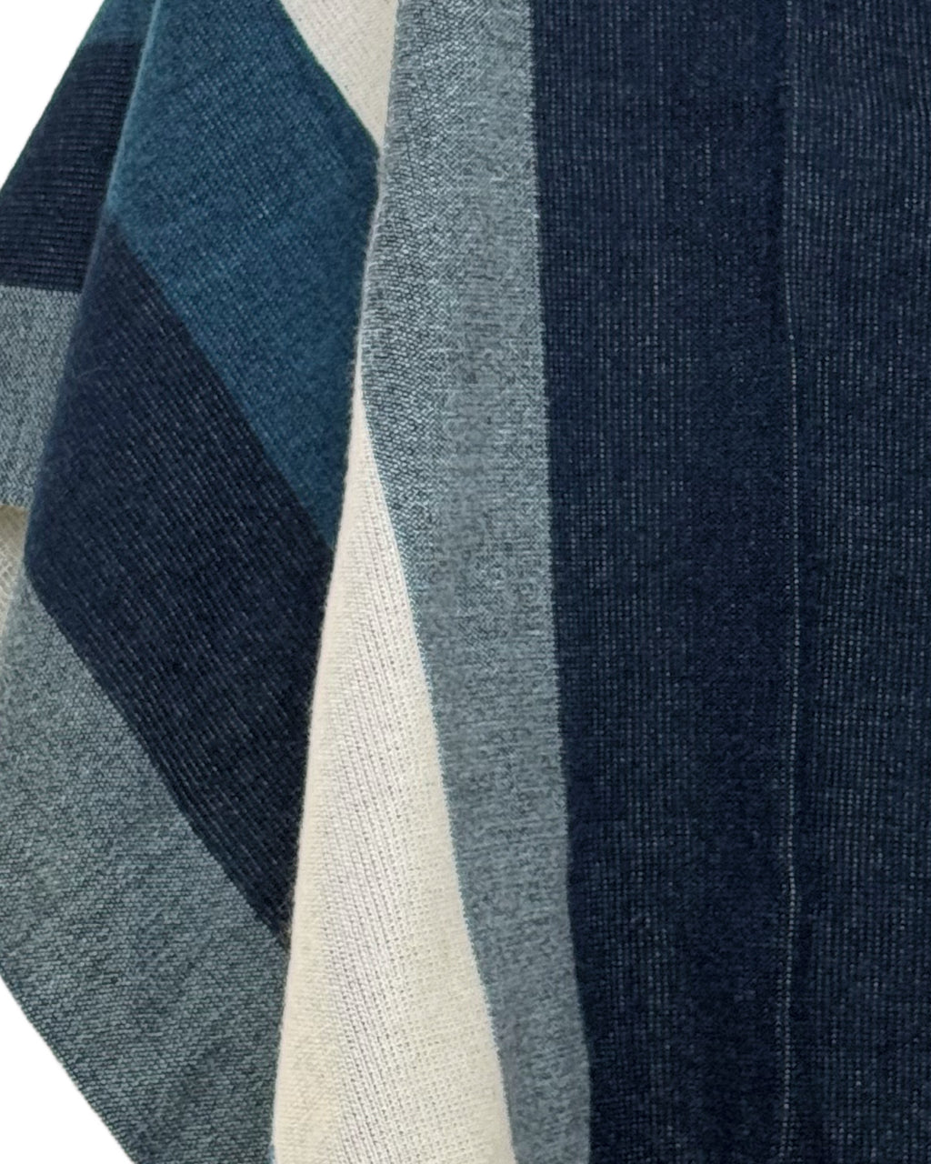 Detalle del tejido en franjas azul marino, turquesa, gris y crema del poncho Cuicocha