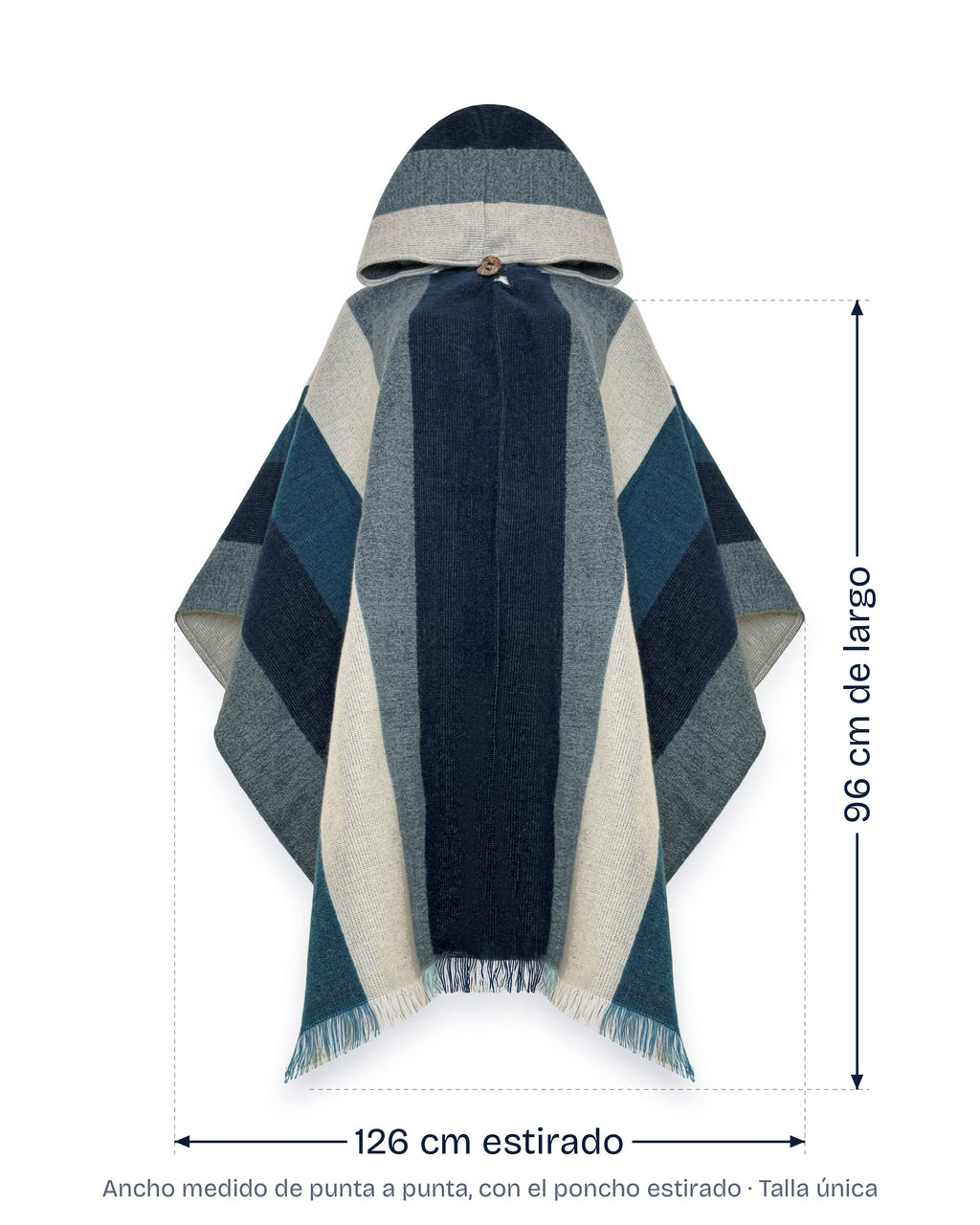Poncho Cuicocha con medidas indicadas: 96 cm de largo y 126 cm de ancho estirado