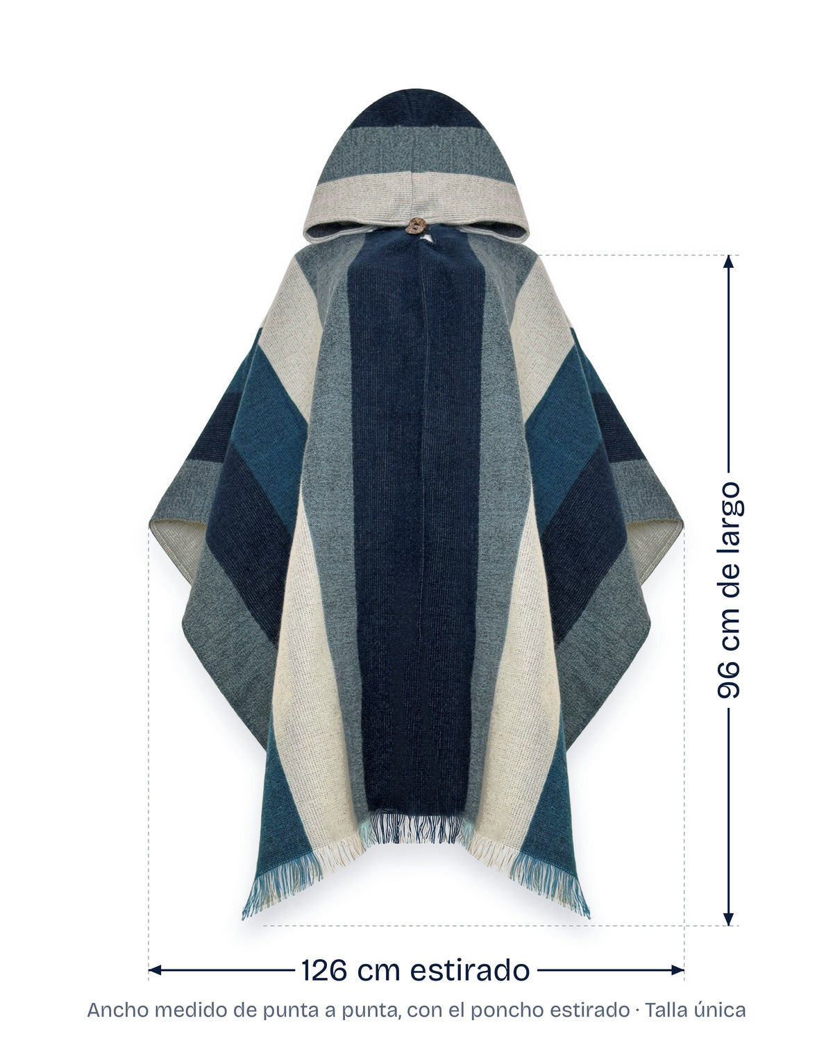 Poncho Cuicocha con medidas indicadas: 96 cm de largo y 126 cm de ancho estirado