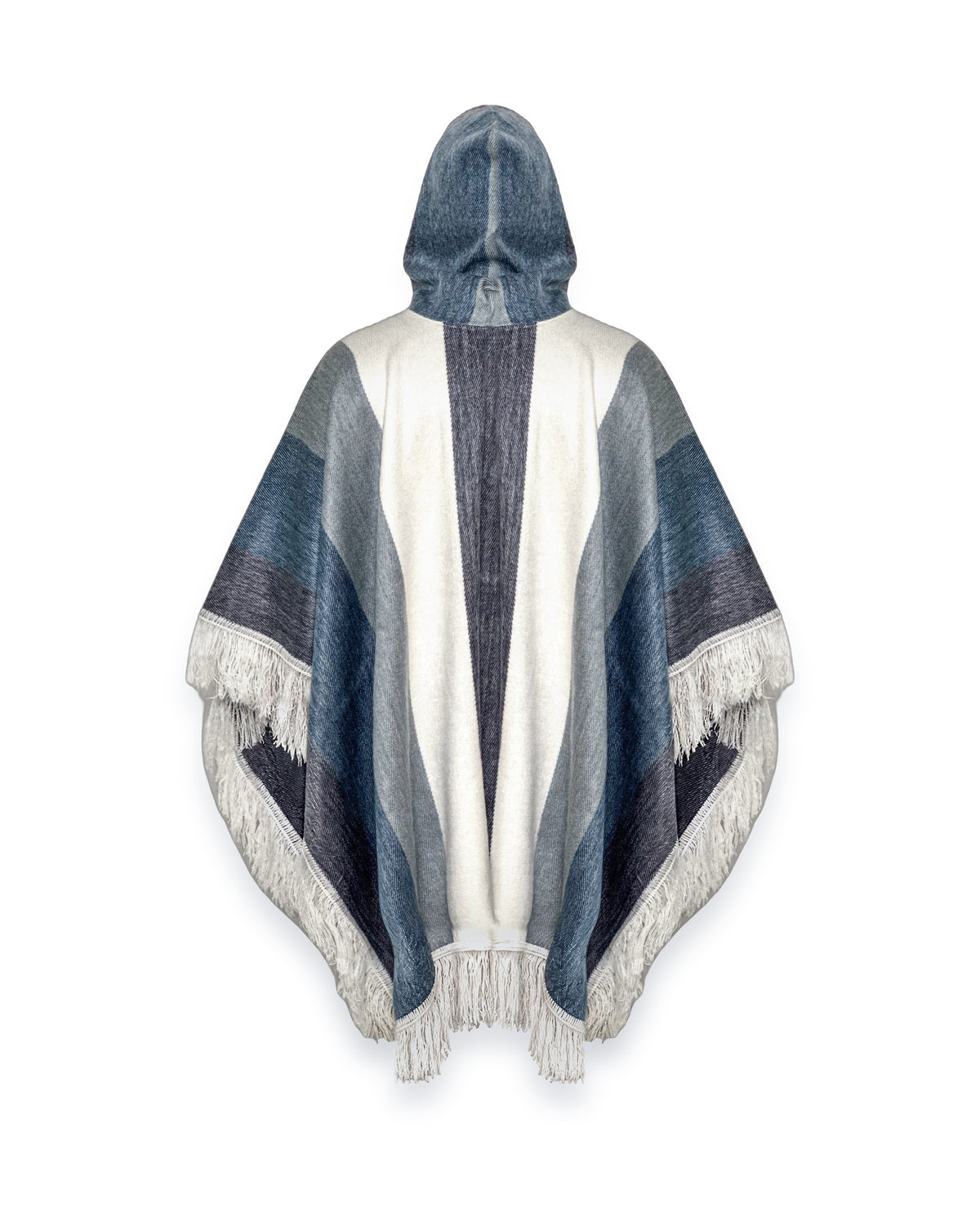 Poncho Espíritu Cielo Andino visto de espalda, con capucha azul y franjas azules, grises y blancas