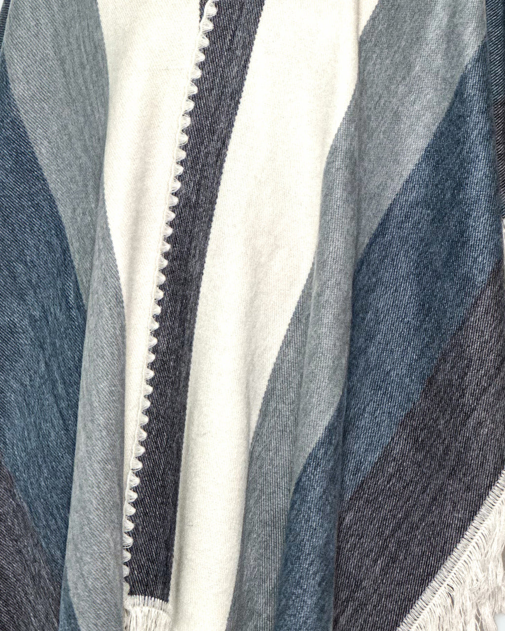 Detalle del tejido en franjas azules, grises y blancas del poncho Espíritu Cielo Andino, con borde blanco