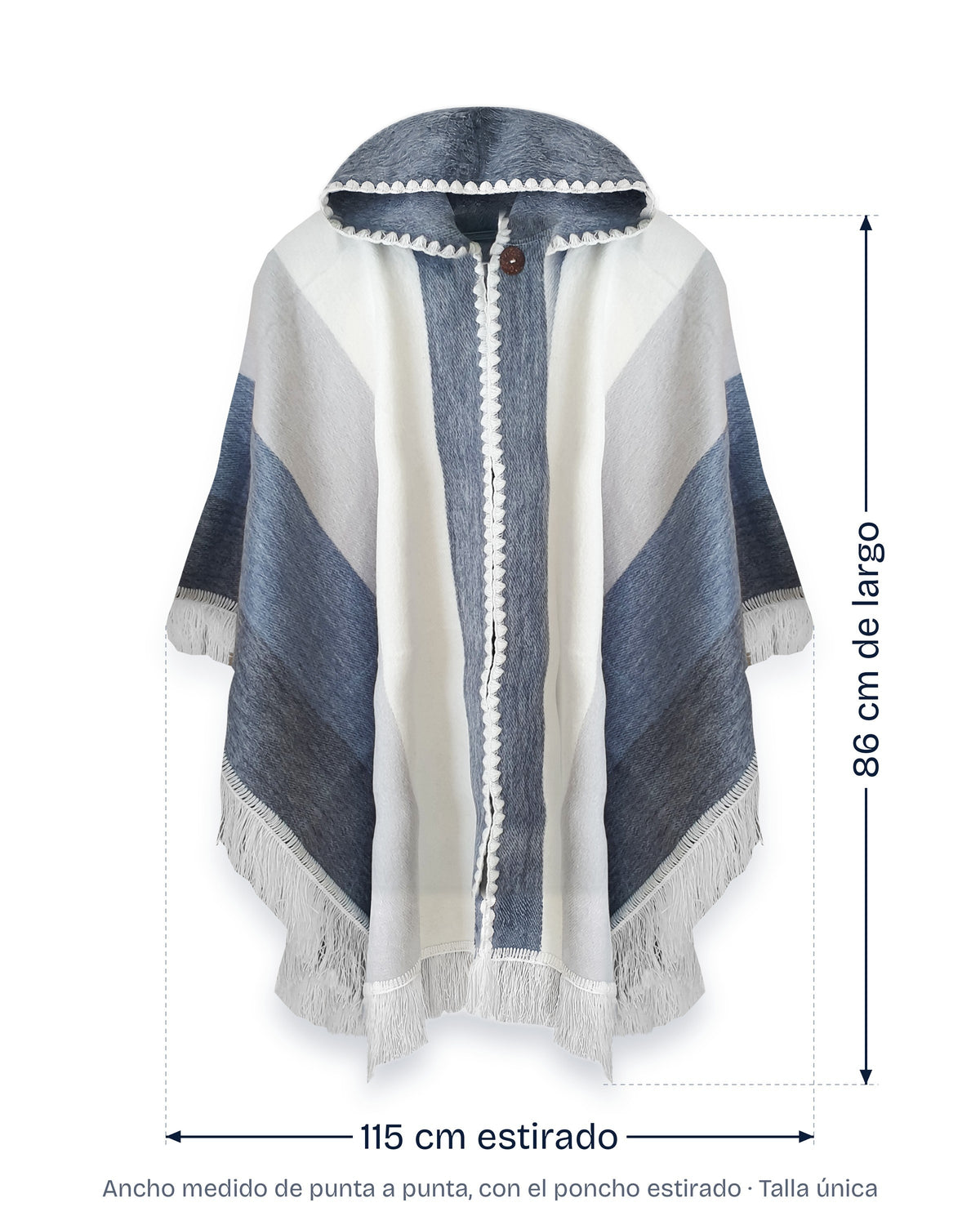 Poncho Espíritu Cielo Andino con medidas indicadas: 86 cm de largo y 115 cm de ancho estirado