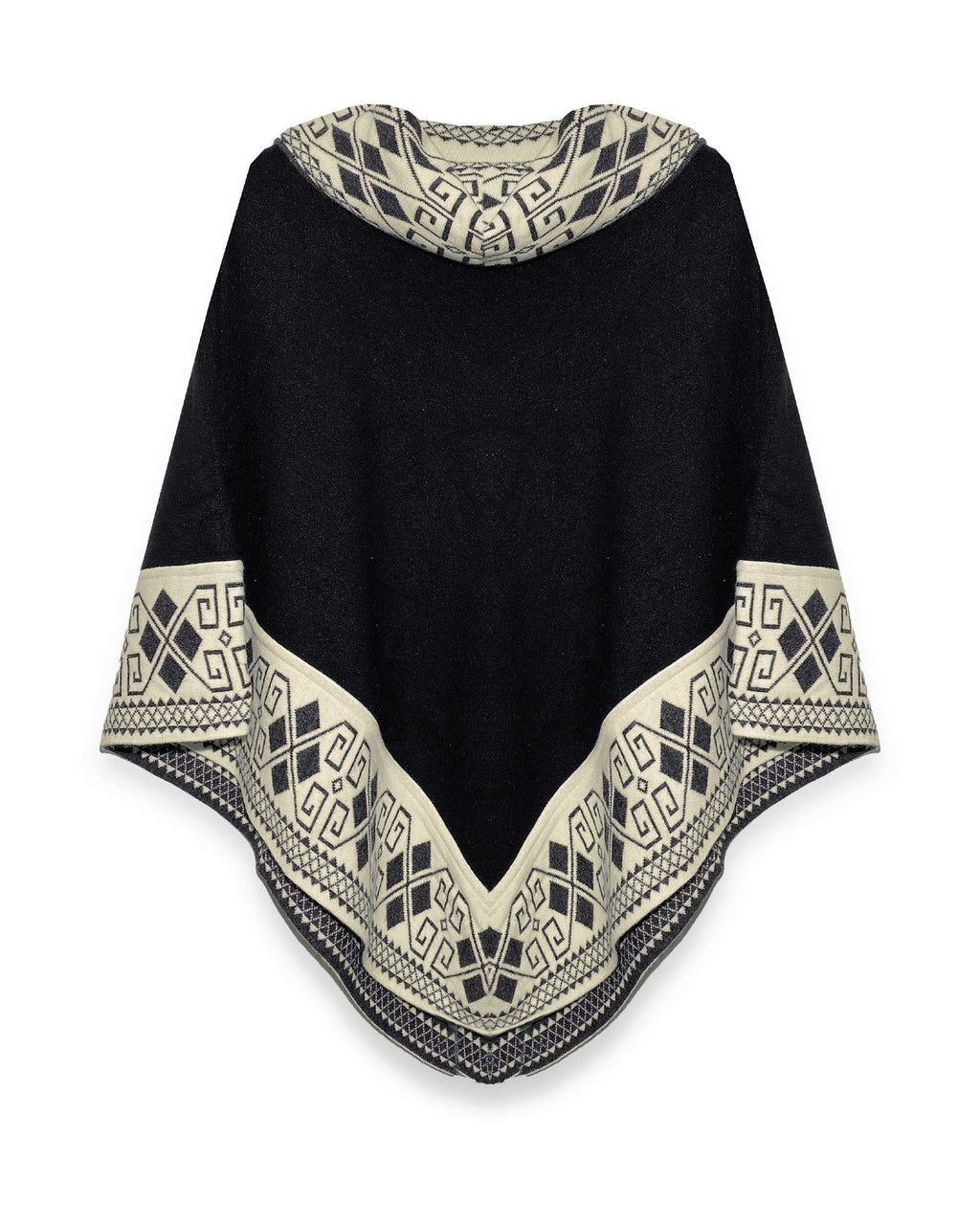 Poncho Lluvia Nocturna negro con borde crema de grecas y rombos, visto de frente sobre fondo blanco