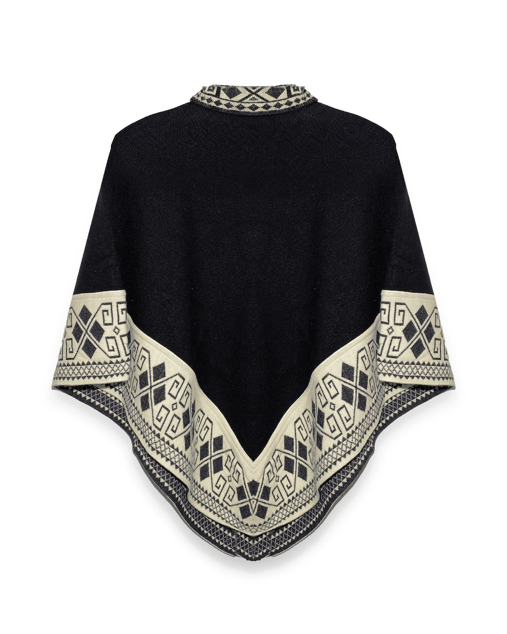 Poncho Lluvia Nocturna negro visto de espalda, con borde crema de rombos y cuello alto estampado