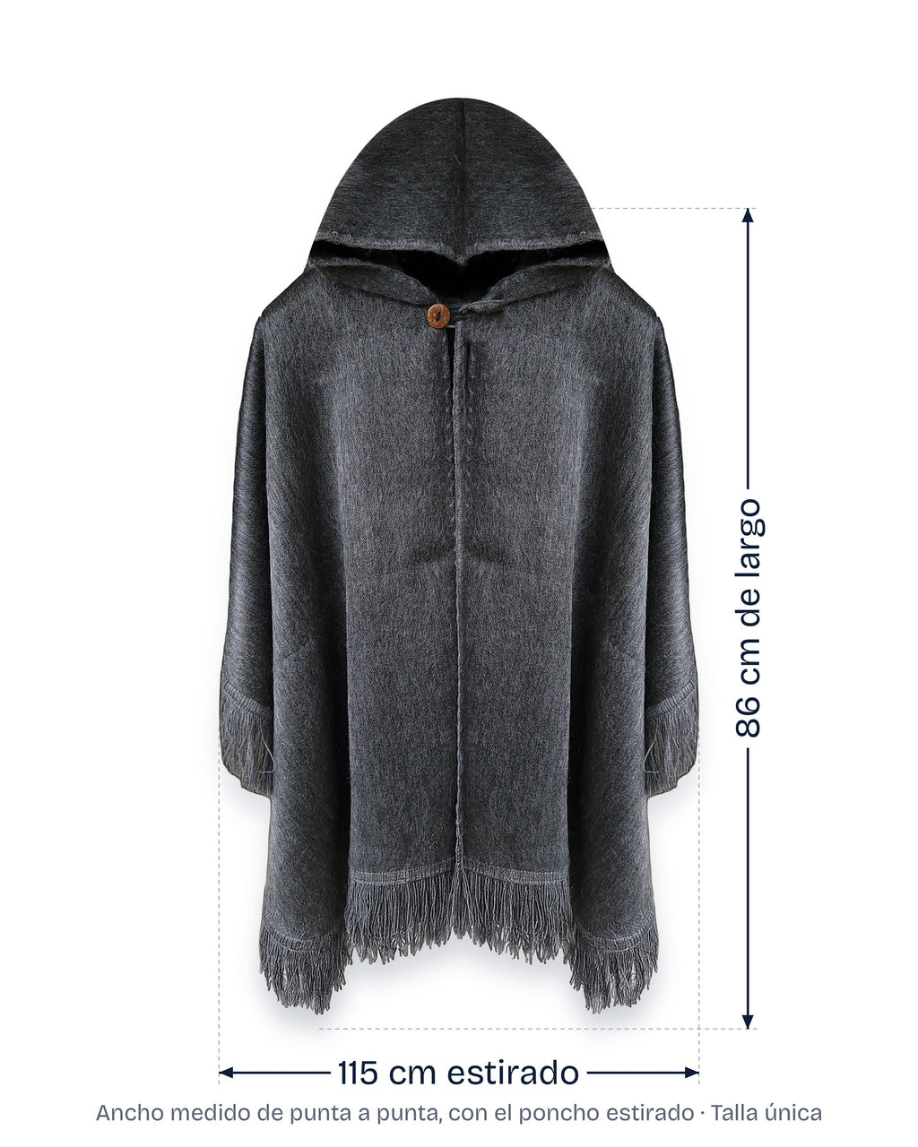 Poncho Sombra Andina con sus medidas: 86 cm de largo y 115 cm de ancho estirado, talla única