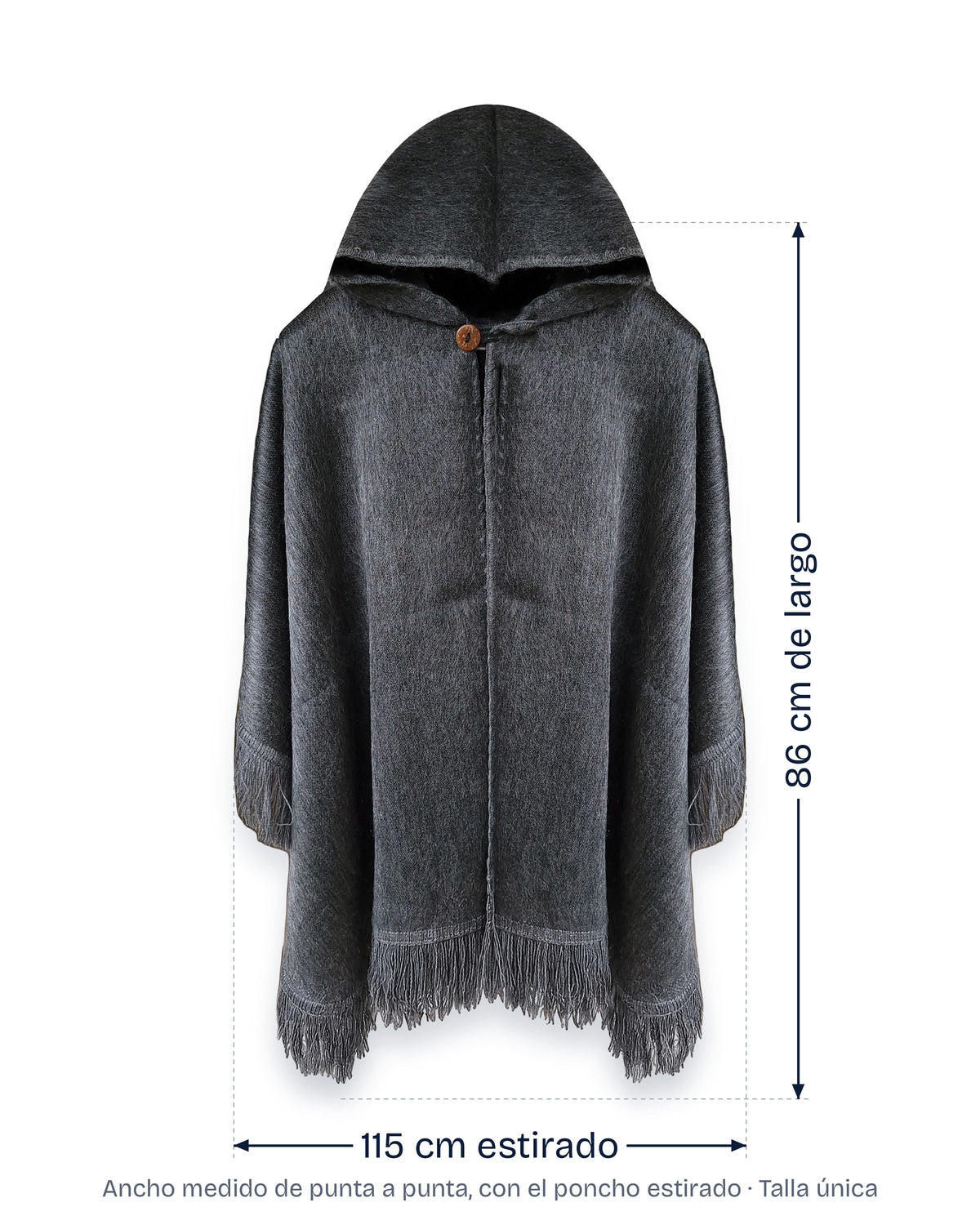 Poncho Sombra Andina con sus medidas: 86 cm de largo y 115 cm de ancho estirado, talla única