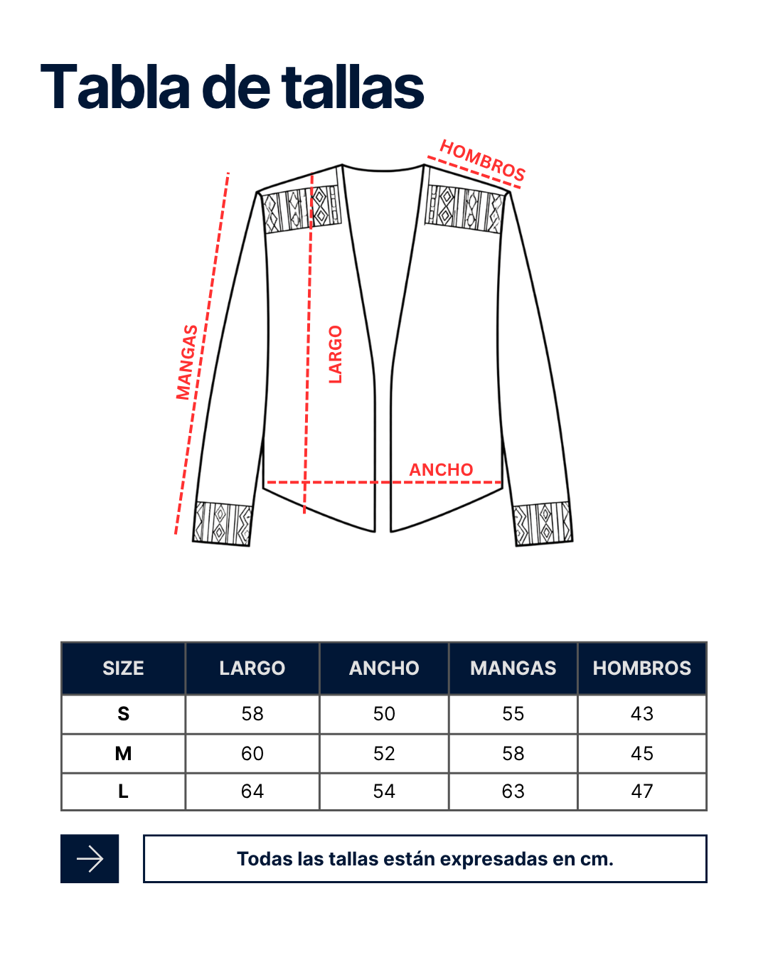 Tabla de tallas S, M y L de la Chaqueta Onix con largo, ancho, mangas y hombros en centímetros