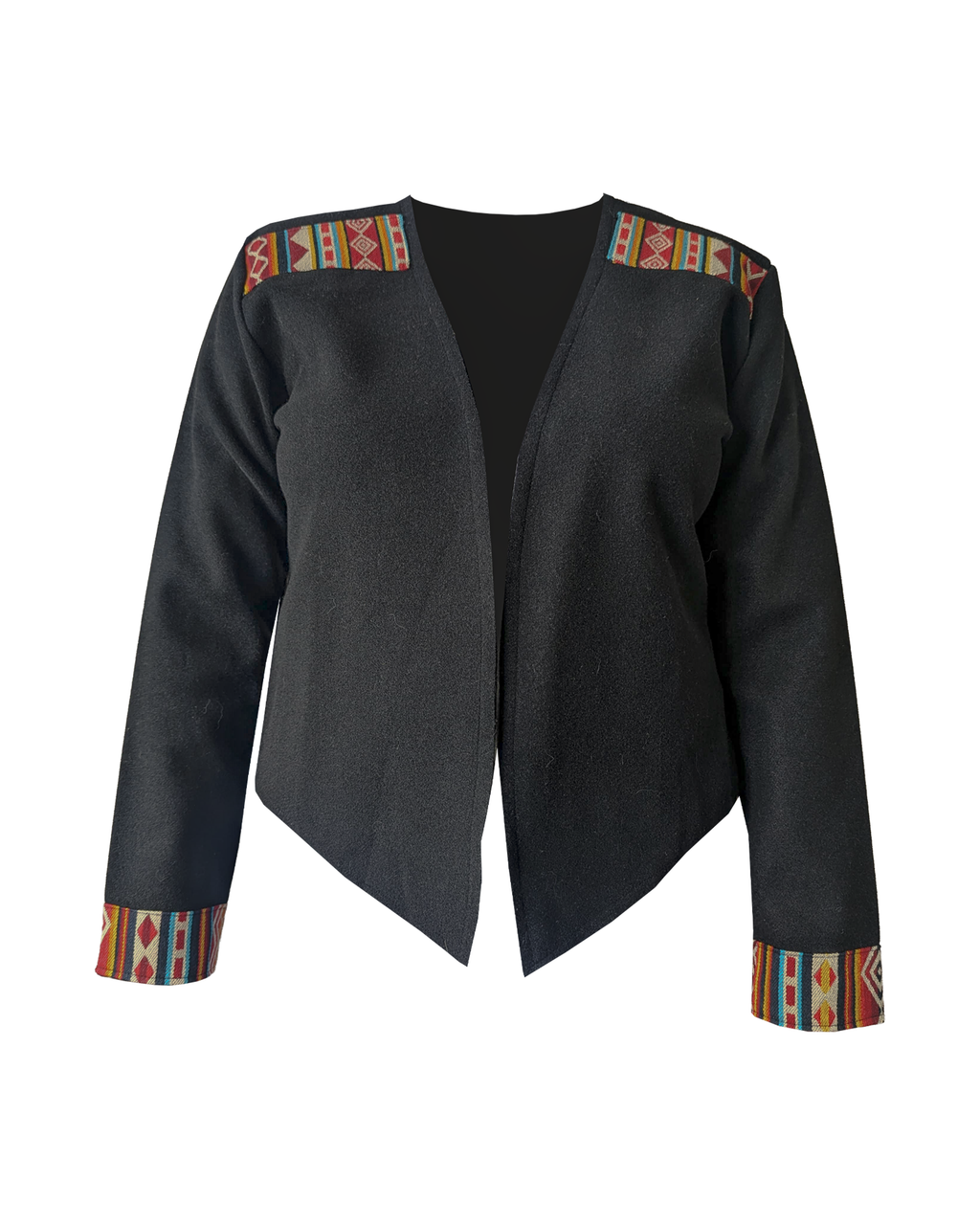 Chaqueta Onix negra vista de frente, con guardas de colores en hombros y puños, sobre fondo blanco