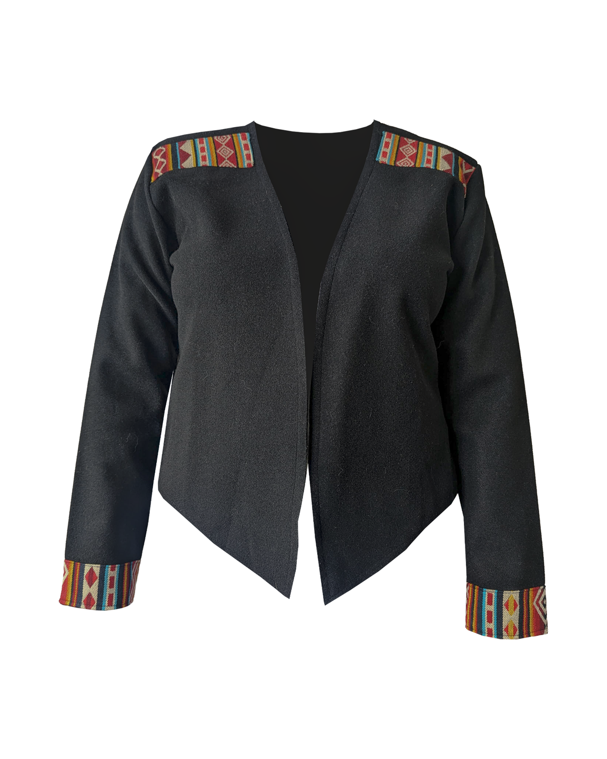 Chaqueta Onix negra vista de frente, con guardas de colores en hombros y puños, sobre fondo blanco