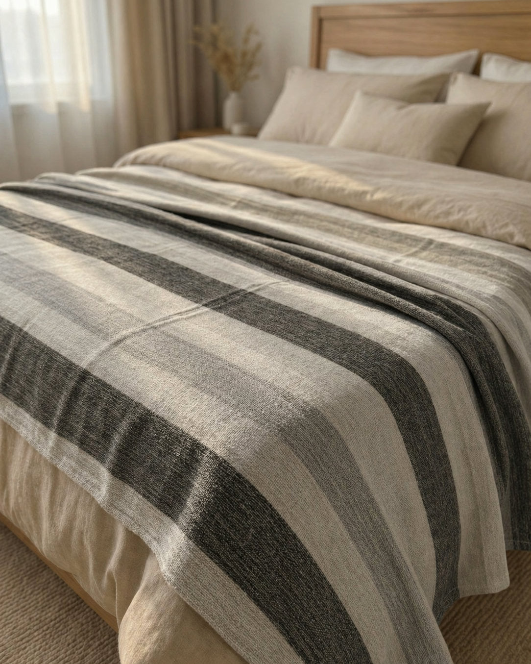 Cobija de alpaca Bruma de los Andes en franjas crema, gris piedra y carbón sobre una cama con almohadas beige