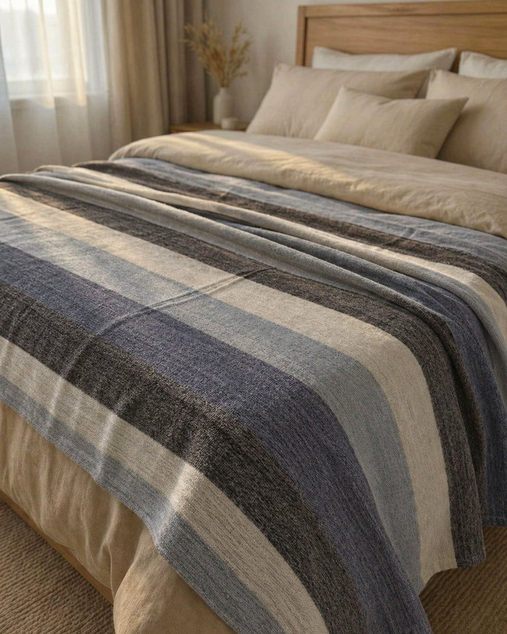 Cobija de alpaca Celeste Andino en franjas azules, celestes, crema y gris sobre una cama con almohadas beige