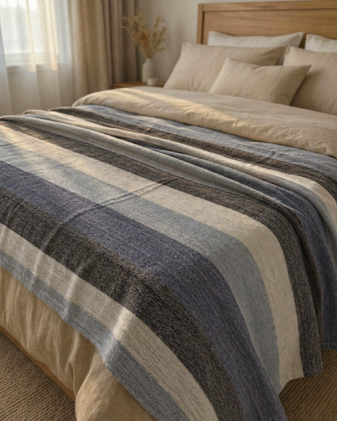 Cobija de alpaca Celeste Andino en franjas azules, celestes, crema y gris sobre una cama con almohadas beige