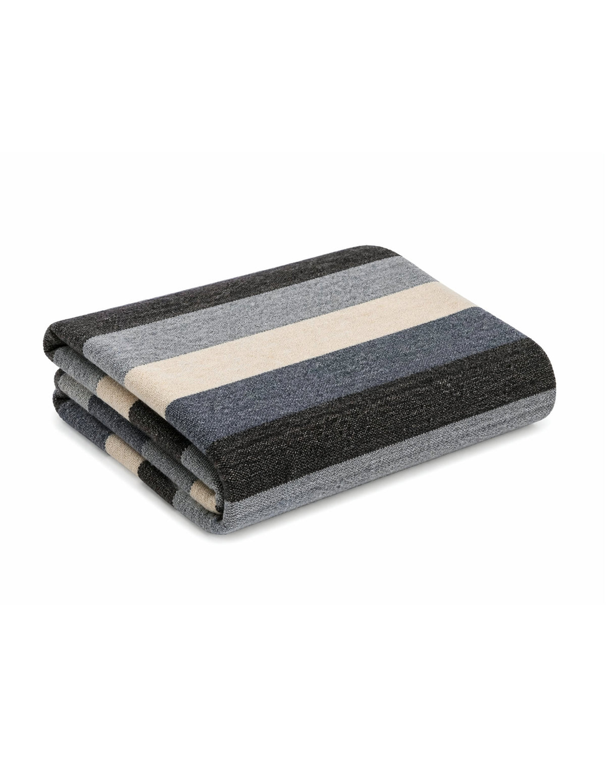 Cobija de alpaca Celeste Andino doblada, con franjas azul, celeste, crema y gris, sobre fondo blanco