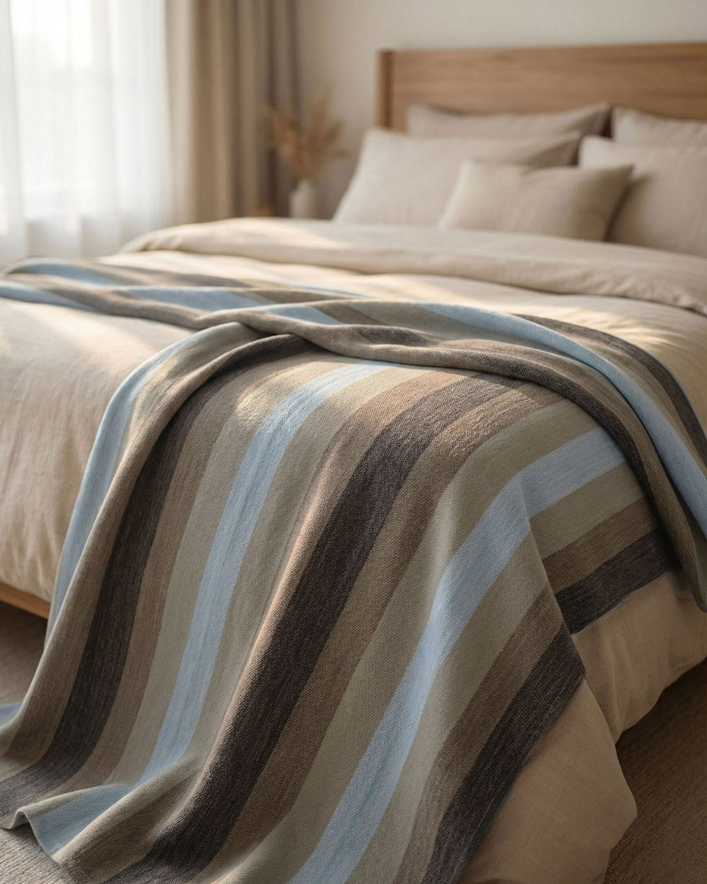 Cobija de alpaca Raíz del Cielo con franjas azul cielo, beige y café cayendo sobre una cama con almohadas beige