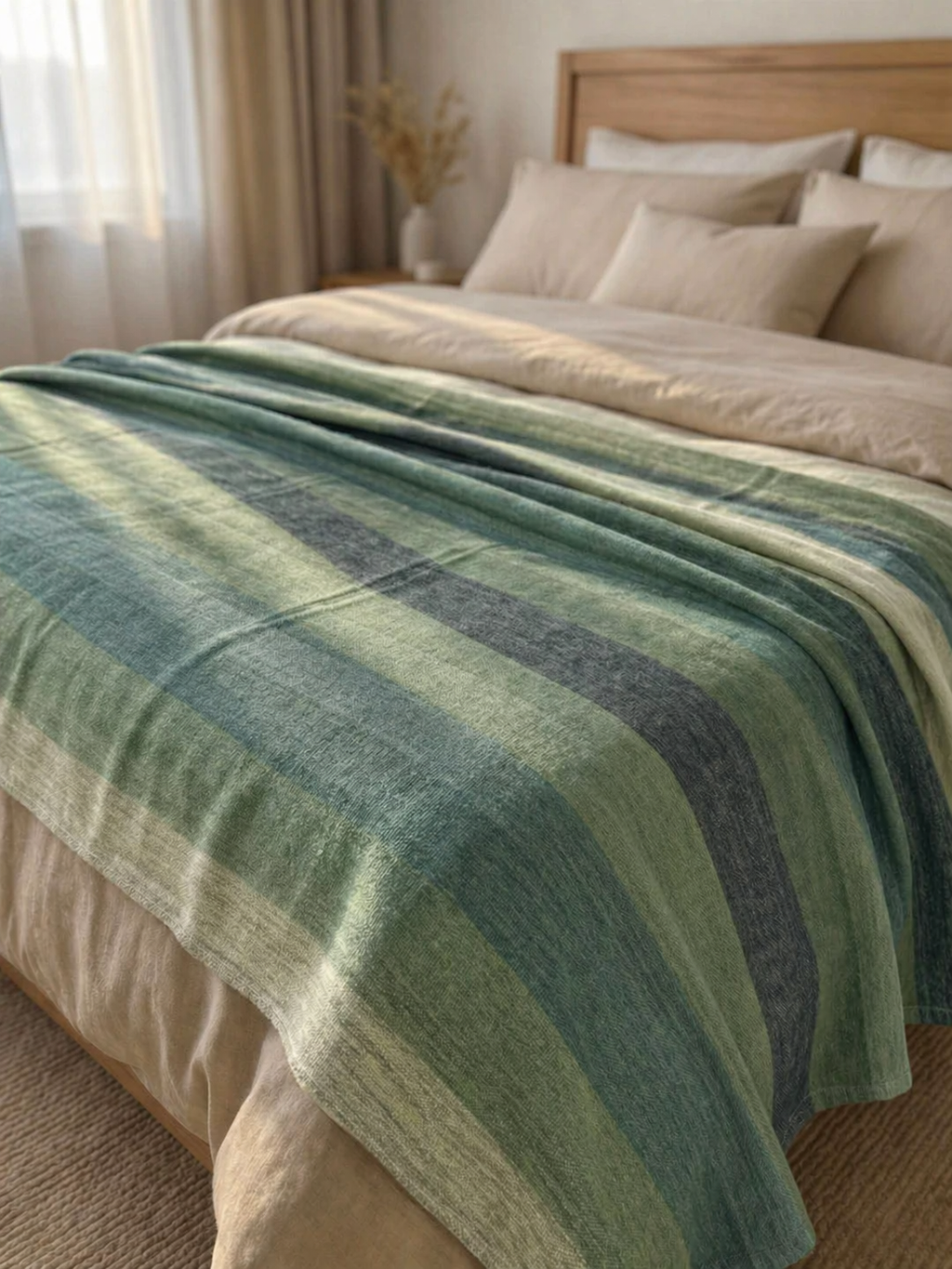 Cobija de alpaca Sendero del Bosque en franjas verdes y grises sobre una cama con almohadas beige