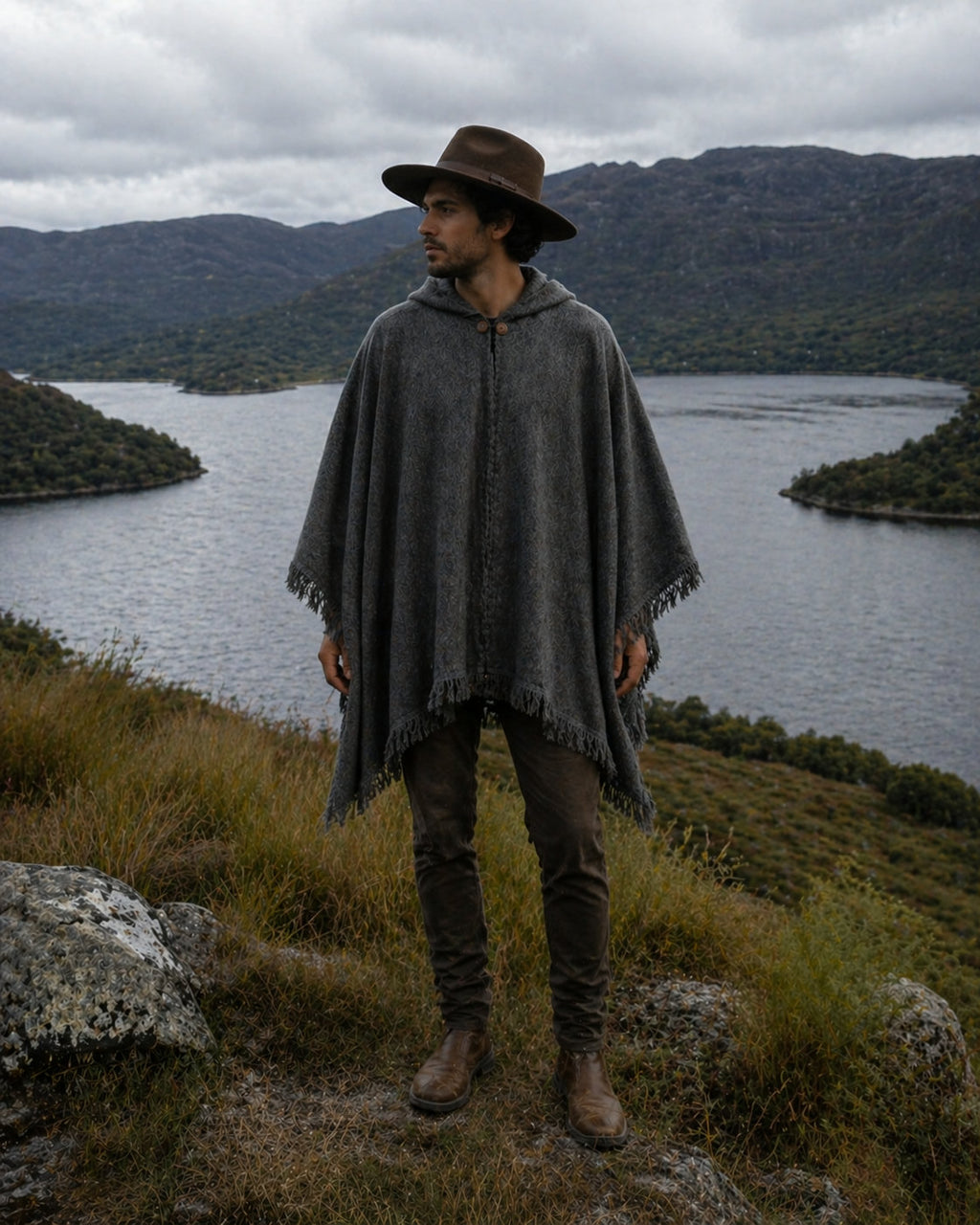 Hombre con sombrero y el Poncho Sombra Andina gris con capucha frente a una laguna de montaña